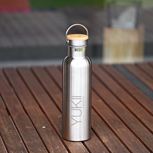Robuste Design-Trinkflasche, Thermosflasche YUKII BAMBOO: doppelwandig, Edelstahl, 600 ml, inkl. 2 Trinkverschlüssen und gratis Bürste. Perfekt für Sport und Freizeit. - 9