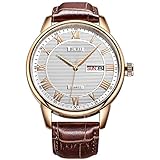 BUREI Mens Simple Luxury Day Date Armbanduhren mit Analog Quarz Zifferblatt römischen Ziffern Lederband (Braun2)