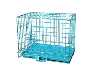 PSK Double Door Folding Metal Dog Cage with Removable Tray for Dogs/Rabbit Blue-30 Inch Medium