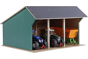 Kids Globe Abri 1:32 (pour jusqu'à 3 véhicules/tracteurs/remorques, Toit à charnière pour la Ferme, Dimensions 45 x 38 x 27 cm) 610193 hangar de ferme inclu