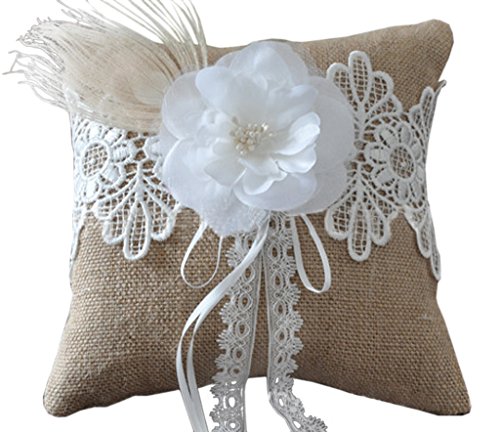 Eyekepper Burlap Lace Wedding Ring Pillow with Flower
