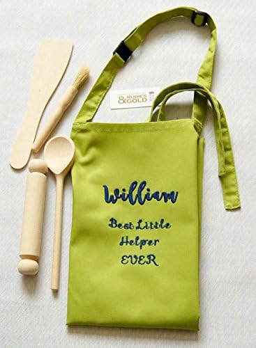 Kid's Personalised Apron &amp; Wooden Utensils, Lime or Red Polycotton