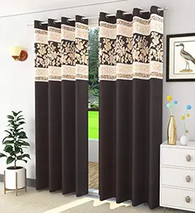 Polyester Golden Flower Patch Curtains Combo Set Long Crush Fancy Design Texture Living Room Drawing Office Door Long Door Window Parda Wall Decoration Room Darkening Grommet (Coffee, 7 FT Door)