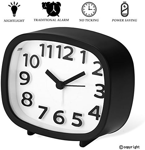 Jcobay Non Ticking Alarm Clock, Battery Powered Bedside Clock Silent Simple to Set Travel Clocks with Nightlight