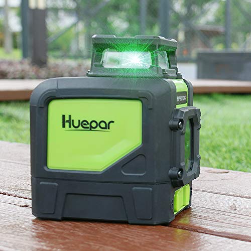 Silenciador de nivel láser Huepar 901CG - Autonivelación con láser de cruce de haz verde - Línea láser autonivelante a 360 ° - Herramienta de nivelación profesional - Láseres de línea verde