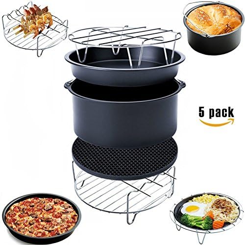 Must Have 5 Piece Air Fryer Accessories for Gowise Phillips and Cozyna, Including Cake Barrel, Pizza Pan, Metal Holder, Skewer Rack and Silicone Mat, Fit all 3.7QT - 5.3QT - 5.8QT