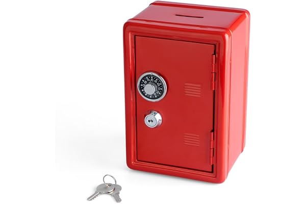 Balvi Tirelire Money Bank Rouge Coffre-Fort avec Double Serrure à Code et à clé Gardez Vos pièces, Billets, Bijoux et Objets de Valeur Fer 18 x 12 x 11 cm