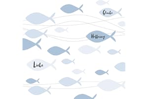 SERVIETTEN KONFIRMATION - KOMMUNION 20 Servietten Fische mit Liebe, Glaube und Hoffnung blau als Tischdeko zur Taufe, Kommunion und Konfirmation 33x33cm