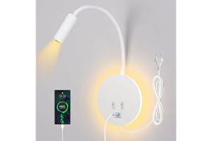 ‎ERWEY ERWEY Leselampe Bett, Leselampe Wandmontage 3W+8W Bettlampe mit Schalter und USB-Aufladung,LED Wandlampe Leselicht 360° Schwenkbar Schwanenhals mit Stecker und Kabel für Schlafzimmer, Weiß