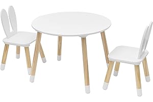 Rebecca Mobili Ensemble Table Et Chaises pour Enfants, Blanc Marron, Pin MDF, pour Chambre Enfant École Maternelle - Taille : 44 x 60 x 60 cm / 50 x 28 x 25 cm - Art. RE6849