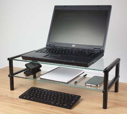Kit Fernsehtisch, Laptop, PC Monitor Tisch Ständer mit zwei Böden aus Glas – Schwarz - 5
