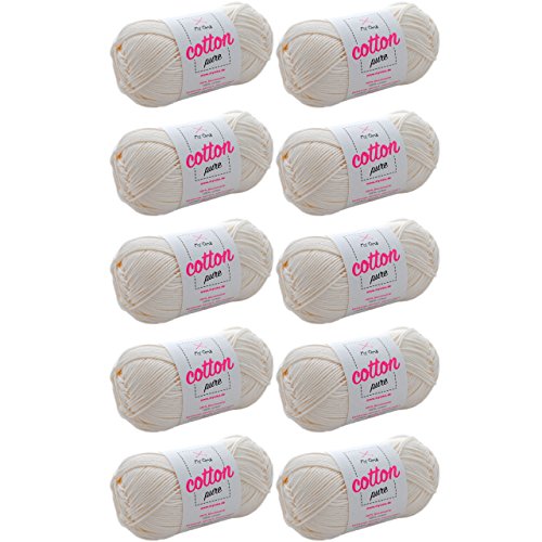 weißes Baumwolle zum Häkeln *MyOma Cotton pure perlmutt (Fb 0102)* Baumwolle Garn stricken + GRATIS Anleitung – 10 Knäuel natur weiße Baumwolle – 50g/125m – Nadelstärke 2,5-3,5mm