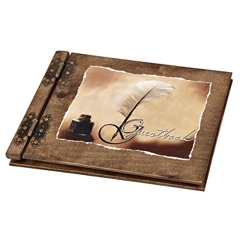 Holz Gästebuch Aufschrift Guestbook beige Schreibfeder Tintentopf