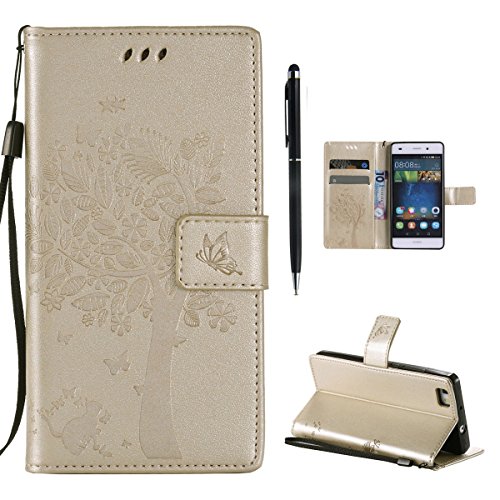 H  lle f  r Huawei P8 Lite 2015 2016 H  lle Leder Flip Case  Schutzh  lle Ledertasche mit Standfunktion Kredit Kartenfach Baum Schmetterling Katze Mus