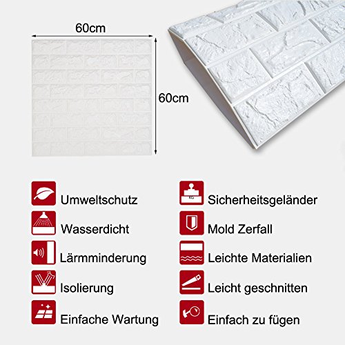 20 Stück Selbstklebend Brick Muster Tapete Wasserdicht~Tapeten Stein~Wandtapete Steine~Steinoptik Mauer~Mustertapete in Backsteinoptik~Wand-Paneele für Fernsehappara, Wände Dekoration. (20 Stücke, Weiß) - 5