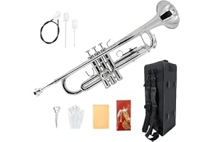 WUQIMUSC Standard Bb trumpet set för nybörjare, studentrumpet, mässingstrumpetinstrument, B platt, med 7C munstycke, rengöringsduk, handskar och hårt bärväska