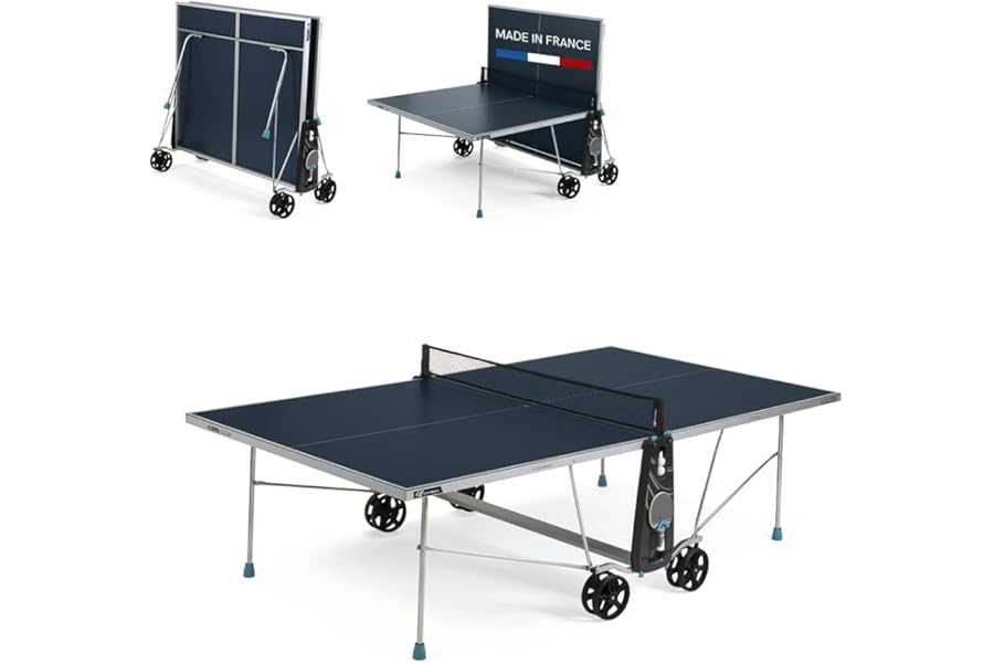 Cornilleau - 100X Outdoor Table Tennis Table - Foldable - Weatherproof - Ping Pong Table with 4 mm Melamine Resin Top - Blue or Grey