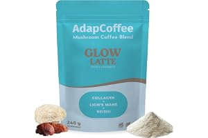 Glow Latte – Instant Kaffelatte med Adaptogena Svampar & Marint Kollagen – Lion’s Mane & Reishi – Fokus, Vitalitet & Välbefinnande – Krämig & Smakrik – Utan Tillsatt Socker – 30 Koppar – ADAPCOFFEE