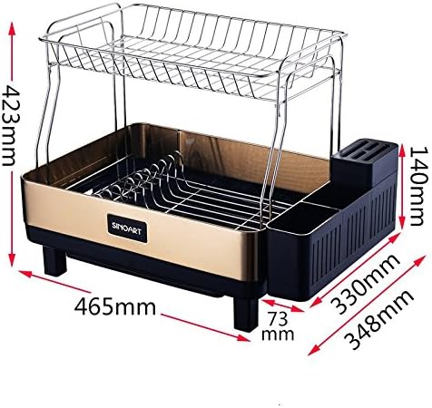 Multi-Functional Kitchen Storage Shelf Pan Pot Rack, Stainless Steel Kitchen Utensils Shelf Rack Drainboard Dish Rack,Golden Double Layer-54*35*42Cm