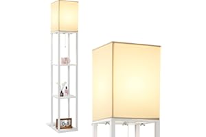 ‎DEANIC DEANIC Stehlampe Wohnzimmer mit Regal, LED Stehlampen für Schlafzimmer mit Glühbirne, Büro Stehleuchte, Lampenfassung E27 (Weiß)