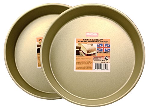 LETS Cook 10 'Victoria Sandwich sartenes, 3 latas para tartas, 2 unidades, base fija, fabricado en Reino Unido con oro GlideX antiadherente TM
