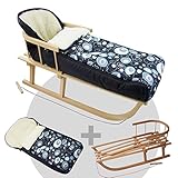 Holzschlitten aus Buchenholz, naturlackiert, Metallkufen, Bockstützen & Zugeisen pulverbeschichtet mit Rückenlehne (abnehmbar) und Zugseil