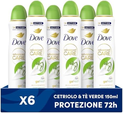 Dove Deodorante Spray Advanced Care Go Fresh Cetriolo e Té Verde, con Formula Idratante e Delicata sulla Pelle, Senza Alcol, Pelle Asciutta Fino a 72 Ore, Deodorante Uomo e Donna, 6 Pezzi da 150ml