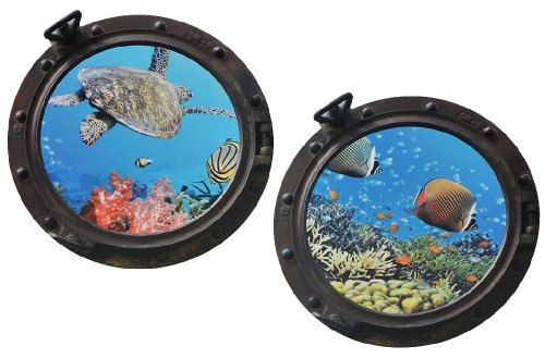 2 tlg. XL Set: Wandtattoo / Sticker - Bullauge - Fenster im Schiff Korallen Riff Fische - Wandsticker Aufkleber Flugzeug Wandaufkleber Badezimmer Fische Korallenriff