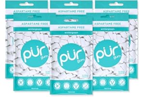 PUR Gum | Sugar Free Chewing Gum | 100% Xylitol | Vegan, Aspartame Free, Gluten Free & Keto Friendly | Natural Wintergreen Flavoured Gum, 55 Pieces (Pack of 6)