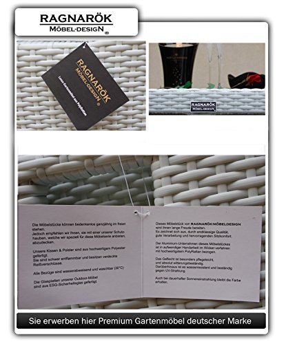 Gartenmöbel PolyRattan Essgruppe Tisch mit 4 x Stuhl & 4 Hocker DEUTSCHE MARKE -- EIGNENE PRODUKTION Garten Möbel incl. Glas und Sitzkissen Ragnarök-Möbeldesign