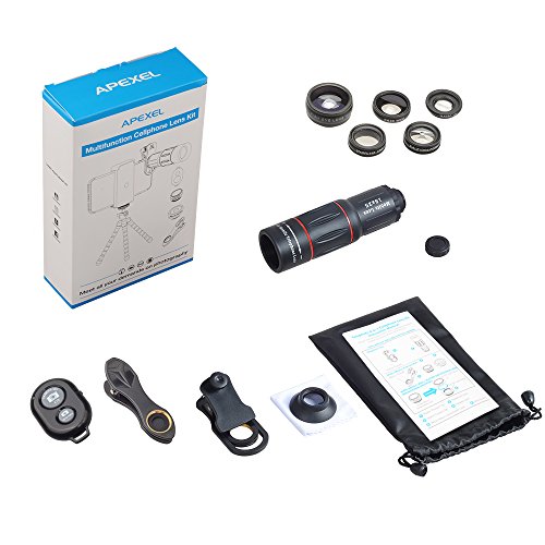 Apexel 8 in 1 Phone Kit obiettivo fotocamera 18X Telephoto Telescopio Obiettivo zoom Grandangolo + Obiettivo macro + Fisheye + Caleidoscopio 6 Obiettivo + Filtro stelle per iPhone X / 8 7 Plus / 6S Samsung Galaxy S8 S7 Huawei e maggior parte degli smartphone Android Treppiede otturatore remoto