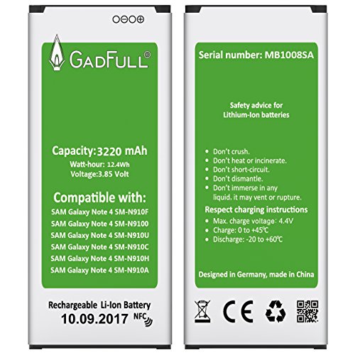 GadFull Batterie pour Samsung Galaxy Note 4   Date de Production est 2017   correspond    l    EB-BN910BBE batterie d   origine du mod  le SM-N910F   SM-N9100   SM-N910U   SM-N910C   SM-N910H   SM-N910A