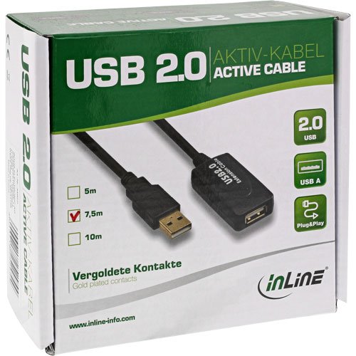 InLine 34607I USB 2.0 Aktiv-Verlängerung mit Signalverstärkung „Repeater“, Stecker A auf Buchse A, 7,5m Schwarz - 2