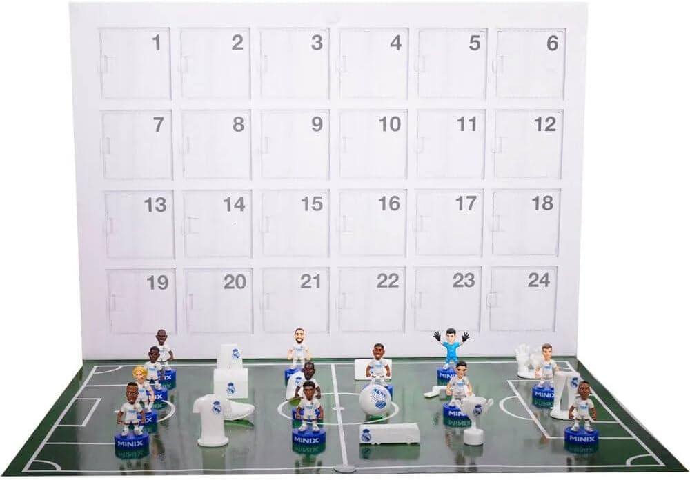 BANDAI, Minix Collectible Figurines, Super Pack Real Madrid, Calendario de Adviento con 12 Jugadores y 12 sorpresas, Idea de Regalo para Niños y Adultos, Fans de fútbol (MN17348)