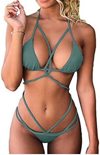 Womens Two Piece Bandage Push Up Swimsuit Thong Bikini Set Bathing Suit (S, DGREEN)