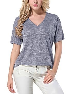 Yidarton Damen Shirt Casual V-Ausschnitt Kurzarm Thin Plain Loose Fit Pullover Hemd Bluse Tops