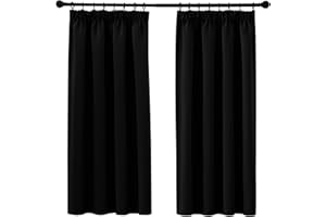 PONY DANCE Short Pencil Pleat Blackout Curtains - Black Thermal Curtains & Drapes with Hooks W46 X L36 Light Blocking Window Treatments Energy Saving for Bedroom, Caravan, Kitchen, 2 Panels