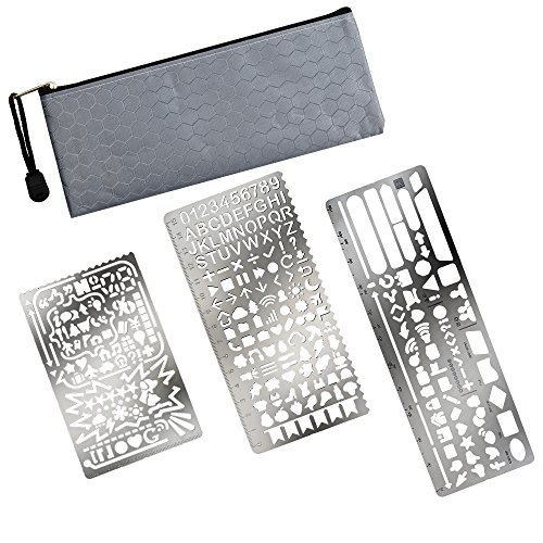 GIMARS 3 Stück Edelstahl Schablone Malen Multifunktionale Zeichnung Lineal – Zusatz mit einer tragbaren Reißverschlusstasche – Set ideal für Bullet Journal, Scrapbooking, Karten und Craft Projekte - 6