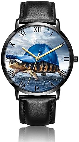 [KOSUNG] Hat Turtle Wrist Watch, Customized Unisex Waterproof Stainless Steel Wrist Quartz Watch with Black PU Leather Wrist Band for Business Casual Collection Purpose