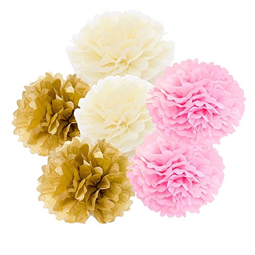 Freedom-vp Papier Pompom 12er 20cm/25cm Mixed DIY Papier Blumen PomPoms Zum Aufhängen Seidenpapier schöne Dekor für Geburtstag Hochzeitsfest Basteln Babyshower Dekoration Feier Party Baby-Duschen Brautduschen Wohnungdeko (Pink-Beige-Gold)