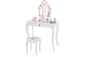 Maxmass Kids Vanity Table and Stool, 2-in-1 Children Dressing Table Set with Removable Mirror & Drawer, Wooden Princess Makeup Desk for Girls (White with Watermelon Pattern)
