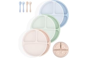 SinLaw Assiette Ventouse Pour Bébé,Lot de 3 Assiettes à Ventouse en Silicone Avec Compartiments et Couvercle, Ensemble d'Alimentation pour les Tout-petits et l'auto-alimentation