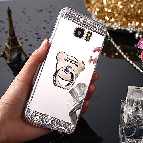 Galaxy J330 J3 2017 Case, Galaxy J3 2017 J330 EU Cover, JAWSEU Samsung Galaxy J330F J3 2017 EU Skin Back Cover Sparkle Bling Crytal Diamond Mirror Protective Bumper Soft Flexible Gel Silicone TPU Case Cover for Samsung Galaxy J3 2017 with Bear Ring Holder - Diamond Silver, Bear Ring