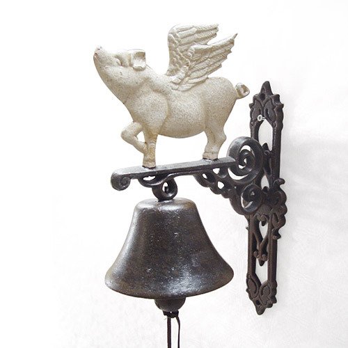 Rustikale Türglocke "Schwein mit Flügeln" Gusseisen Antik-Stil