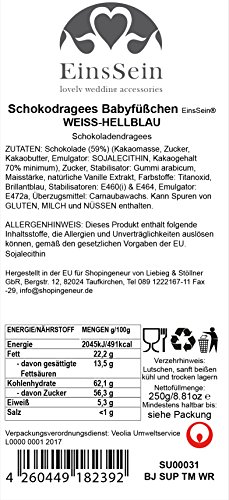 250g Schokodragees Taufe EinsSein® bedruckte Füßchen Baby Blau Dragees Schokolinsen Taufmandeln Zuckermandeln Schokomandeln Taufe Segnung Weihe Weihung Junge Mädchen weiss herz schoko spruch hellblau - 2