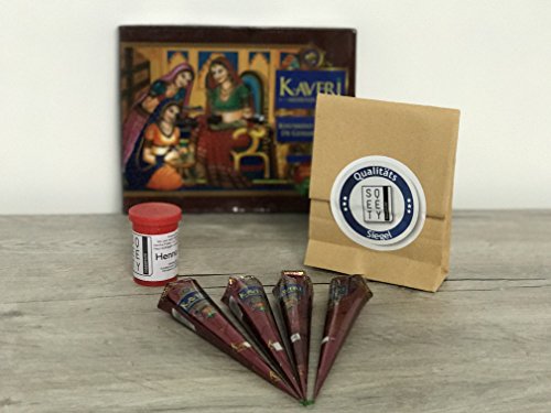 Das Profi Henna Set! Original Kaveri Henna Kegel inkl. Henna Öl / 100% natürliches temporäres Henna Tattoo / 4 Kegel + 5ml Öl