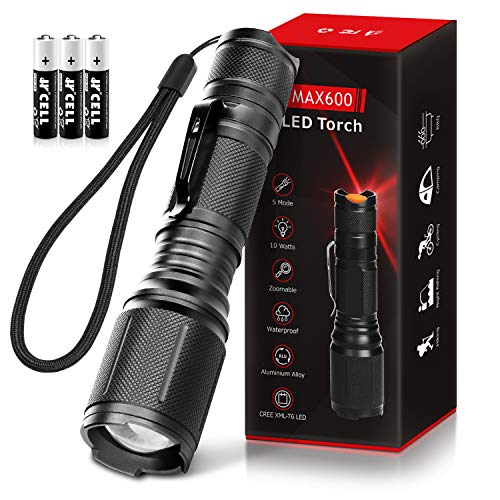 LETMY LED Torch, Super Bright 1600 Lumens Powerful Tactical Flashlight with 5 Modes, Adjustable Focus Waterproof Handheld Torch for Camping, Hiking, 3 AAA Batteries Included