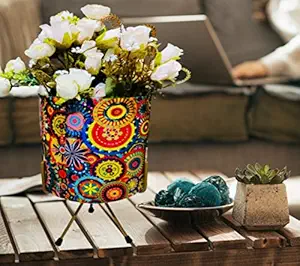 NIYARA Design Jaipur Print Colorful Metal Planters Pot for Indoor Plants with Stand Plant Containers Balcony Decoration Size :Large 13 inches Height with Stand