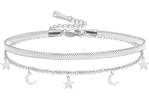 VASSAGO Tobillera en capas de estrella y luna para mujer, de acero inoxidable, pulsera ajustable de luna creciente, joyería de playa bohemia