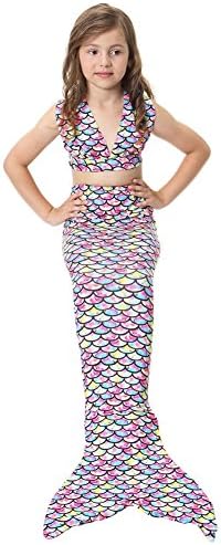 YAKADI Girls Sparkle Mermaid Tail Swim Suit With Mono Fin Swimmable Swimwear Three Pcs - Blue -